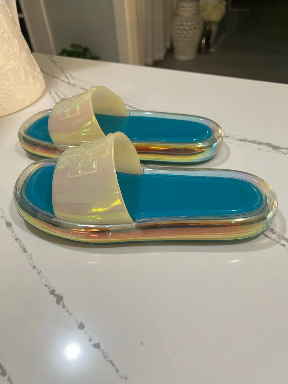 Tory Burch Green Teal Footbed Iridescent Slide Sandals size 7